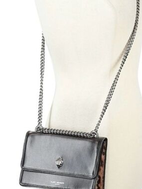 Kurt Geiger Black Leather Crossbody with Chain Strap and Leopard Trim